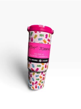 Betsey Johnson Pink Multi Color Gummy Bear Insulated Travel Tumbler Handle 32 Oz